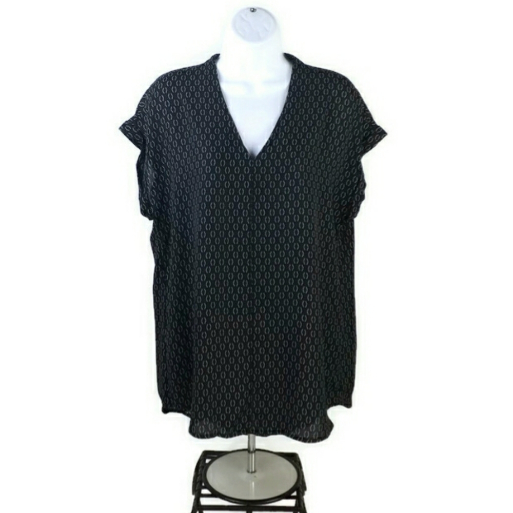 Pleione Black White Comma Print Short Cap Cuffed Dolman Sleeve Top Womens Medium